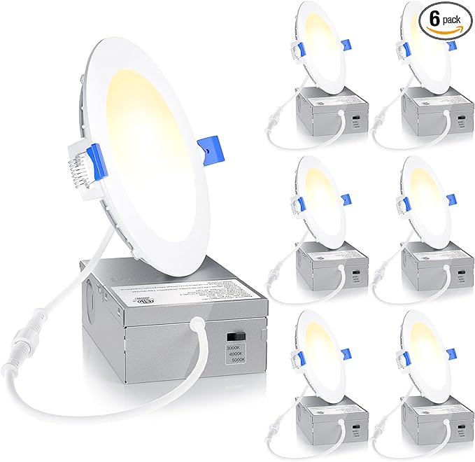 Ensenior 6 Pack 4 Inch LED Recessed Light, Dimmable, 3000K-5000K 3CCT, 750LM High Brightness, 9W 120V, Damp Rated, Ultra-Thin Canless Wafer Ceiling Light - ETL & FCC & IC
