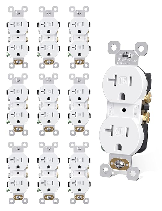 AIDA 20 Amp Outlet Duplex Electrical Receptacle Outlets,Power Outlet,Tamper Resistant,Heavy-Duty Receptacle Wall Outlet,Residential,2Pole,3-Wire, Self-Grounding Clip, NEMA 5-20R,UL Listed 10 Pack