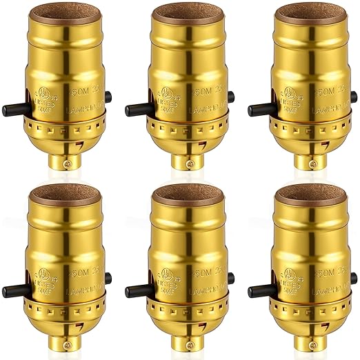 6 Pack UL Listed Lamp Socket with Push On/Off, E26 Threaded Base, Medium Screw Push Socket, Lamp Parts for Floor and Table Lamps, DIY Project (Gold)
