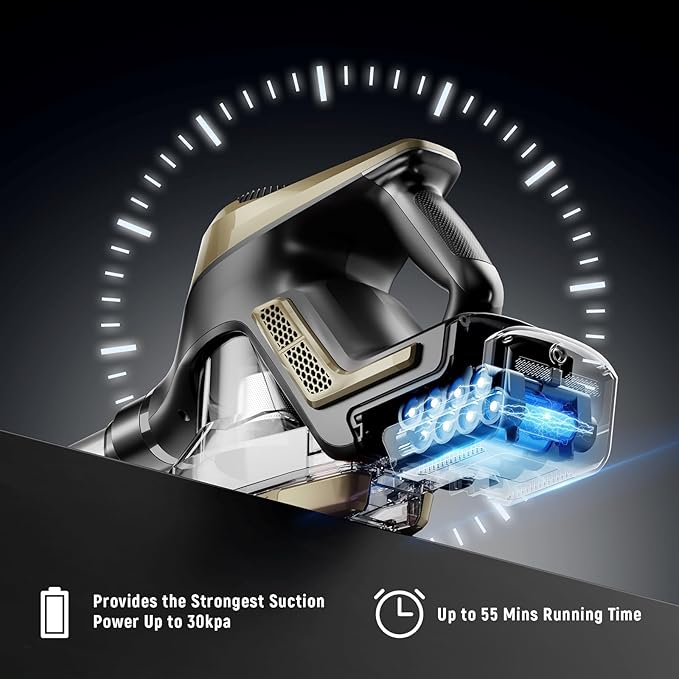 Cordless Vacuum Cleaner, 30Kpa Home Stick Vacuum, Smart Display & 1.5L Dust Cup, 55mins Max Runtime, Rechargeable Lightweight Handheld Vavuum for Pet Hair/Carpet/Hardwood Floor/Car (Golden)