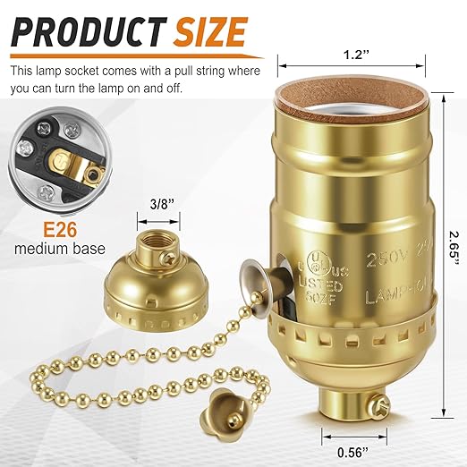 4 Pcs Pull Chain Lamp Socket Replacement, E26 Standard Threaded Base, Light Socket with Pull Chain, Lamp Parts for Repair (Gold)