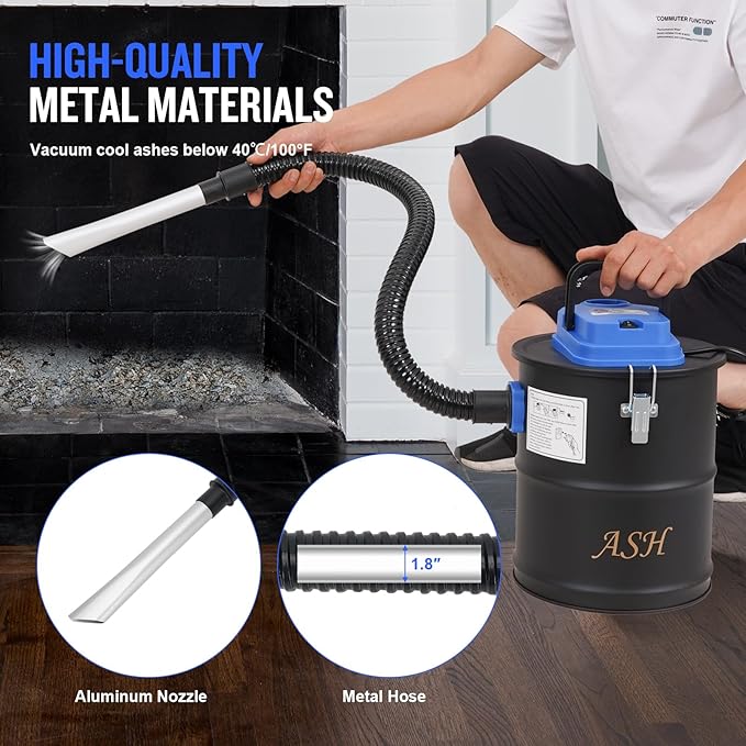 Ash Vacuum Cleaner -3.2 Gallon Fireplace Ash Vac with 800w Powerful Hose Non-Woven Dust Separator | Dry Stove Vacuum for Fireplaces Pellet Grill Wood Stove Fire Pits Blue
