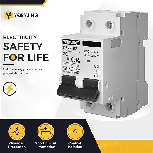 DC Circuit Breaker 20 Amp Solar Panel Disconnect Switch 12V-500V 2 Poles Miniature Solar Circuit Breaker for Outdoor PV Homes Battery, AC 110V DIN Rail MCB