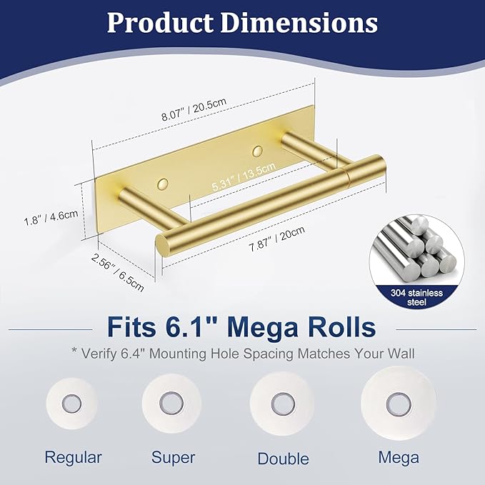 Brushed Gold Toilet Paper Holder, Adhesive or Screw Toilet Roll Holder Wall Mount, SUS304 Stainless Steel Double Post Pivoting Toilet Roll Holder for Bathroom, Kitchen, Washroom