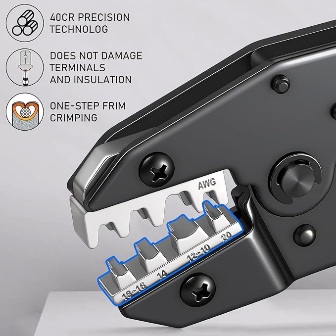 Crimping Tool for Non-Insulated Open Barrel Terminals-AWG 20-10 Ratchet Wire Crimper Tool-Wire Terminal Crimper-For Molex Female Male Spades Bullet
