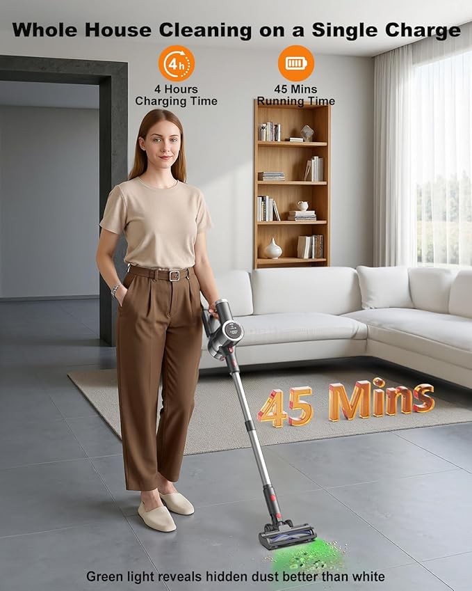 Cordless Vacuum Cleaner, 6-in-1 Lightweight Stick Vacuum with 45mins Runtime, LED Display & Light, Self-Standing, Rechargeable Cordless Vacuum for Carpet, Tile, Pet Hair, Hardwood Floors (Gray)