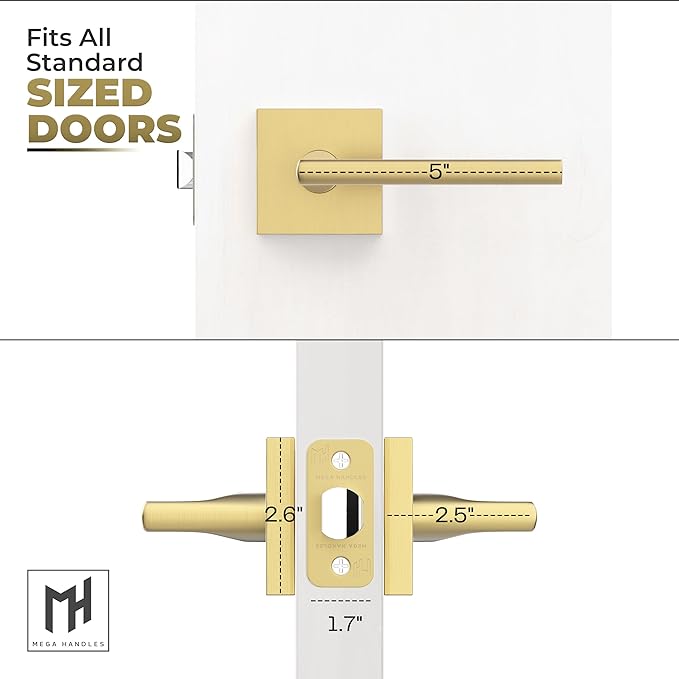 Mega Handles Prime Passage Lever Door Handle for Closet or French Doors, Single Side Door Levers, Fits All Standard Door Sizes, Covered Screws Included - Satin Brass (1 Pack) 5"