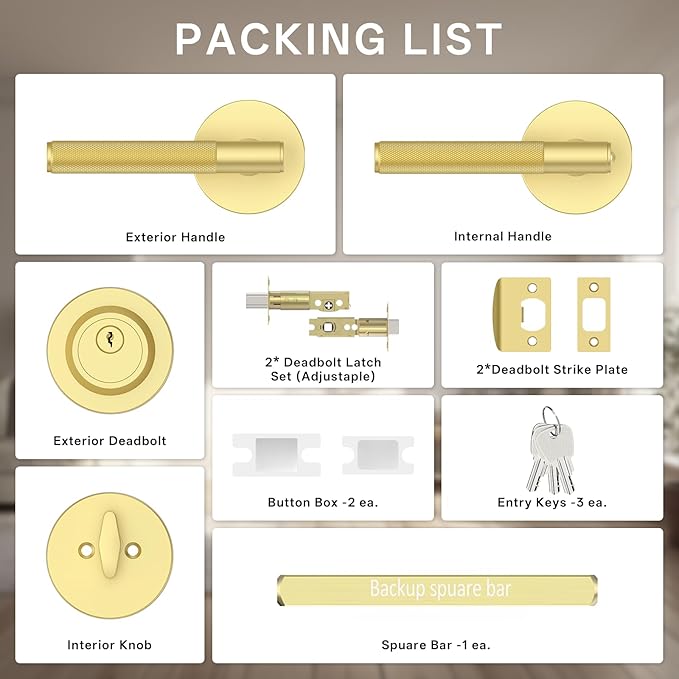 Amerdeco Front Door Lock Set with Double Cylinder Deadbolt, Exterior Entry Door Lever, Heavy Duty Entry Door Locksets for Left or Right Hand Exterior Door(Brushed Gold 2 Pack)