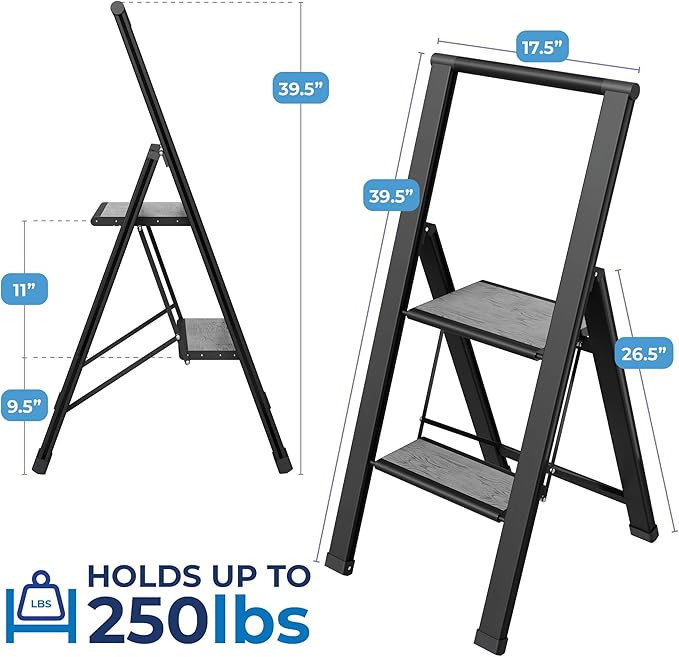 Step Ladder 2 Step Folding, Decorative - Beautiful Gray Wood & Black Aluminum, Ultra Slim Profile, Anti Slip Steps, Sturdy-Portable for Home, Office, Kitchen, Photography Use,by SORFEY