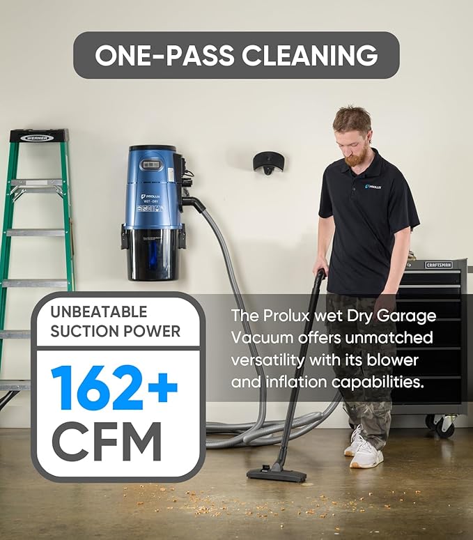 Prolux Professional Shop Blue Wall Mounted Garage Vac, Wet Dry Pick Up