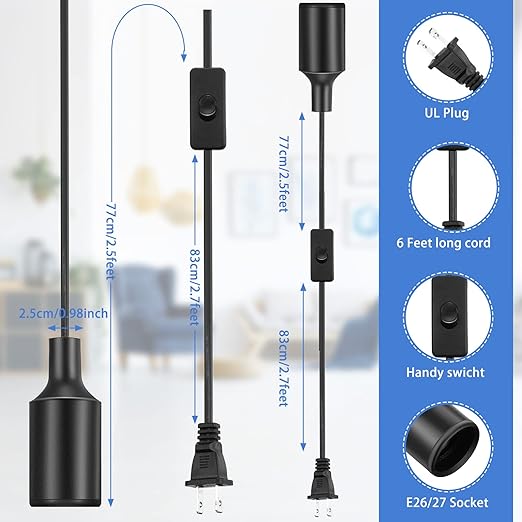 10 Pack Hanging Light Cord Pendant Light Cord with Switch Light Socket Extension Light Bulb Socket Cable Lamp Kit for E26 E27 Lamp Socket Lantern(Black,6 Feet)