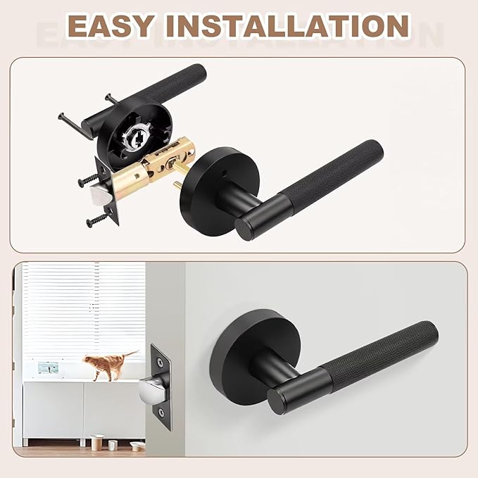 Black Matte Door Handles Interior No Lock, Passage Door Levers for Hallway & Closet, Modern Knurled Round Reversible Handle, 1 Pack