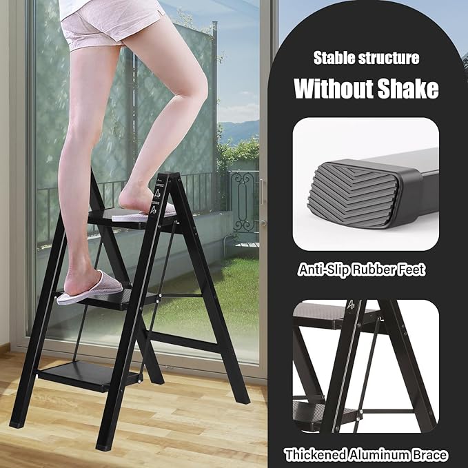 3 Step Ladder, Aluminum Lightweight Folding 3 Step Stool with Anti-Slip Wide Pedal, 330lbs Capacity Step Ladder for Household,Kitchen,Office, Ease of Folding, Portable