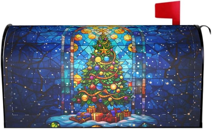 Christmas Tree Stained Glass Blue Winter Mailbox Cover - Magnetic Oversized 25.5 x 21 Holiday Xmas Decorations - Happy New Year Wrap