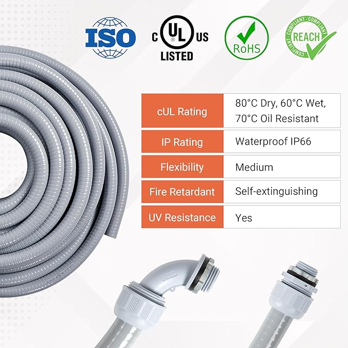 Liquid-Tight Conduit 3/4 25ft, Electrical Conduits w/UL Certification, Flexible Conduit with 5 Straight and 5 90-Degree Conduit Connector Fittings