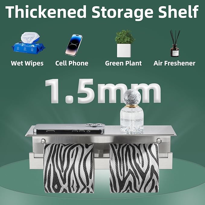 APLusee Double Toilet Paper Holder with Shelf, 304 Stainless Steel Brushed Nickel Bathroom Tissue Holder, Commercial Paper Roll Dispenser Wall Mounted