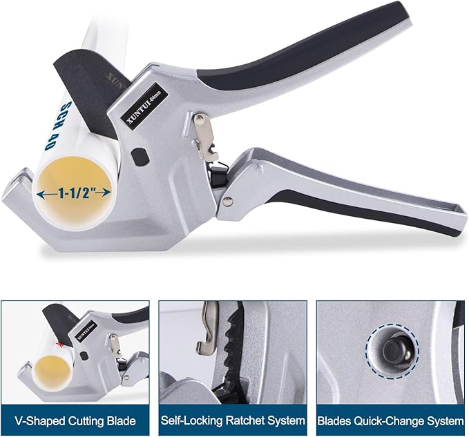 PVC Pipe Cutter for Sch 40 PVC Up to 2-1/2"Pipe Ratchet Pipe Cutter Pex Cutting Tool for Cutting PEX, PVC, PPR Plastic Hoses and Plumbing Pipe(Silver Gray, 64MM)
