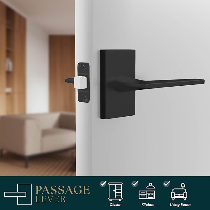 Mega Handles Apex Passage Door Handle - 1 Pack Reversible Black Door Handle, Heavy Duty No Lock Door Handles Interior for Closet & Hallway, Fits All Standard Door Sizes - Matte Black