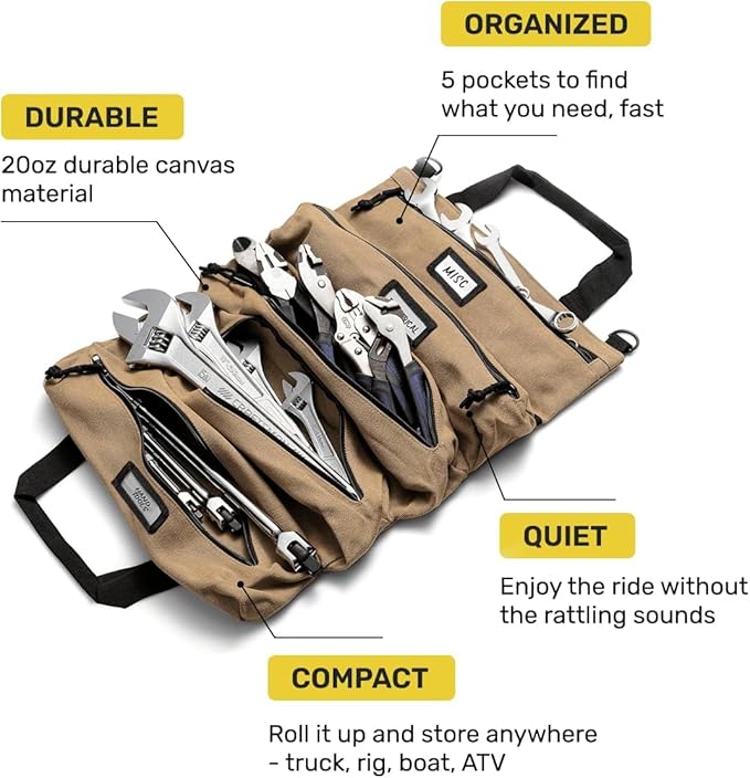 Official Voyager Tool Roll Bag - Easy to Carry 5-Pocket Roll Up Tool Bag - Durable 20oz Canvas, Rust-Proof YKK Zippers & Secure Buckle - A Gift for Dads, Mechanics, Electricians & Hobbyists| ArmyGreen