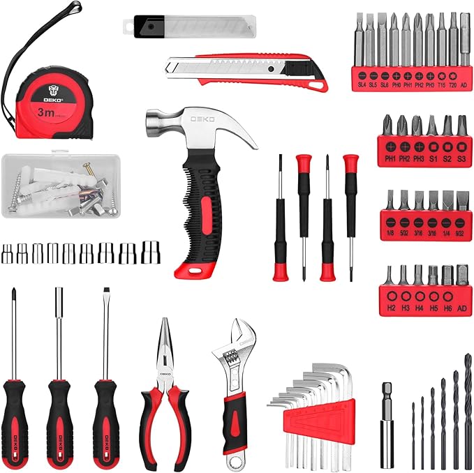 DEKOPRO Drill Set: Tool Set with 8V Red Cordless Drill, Home Tool Kit with Drill, Hand Tool Kits for Women 126 Piece