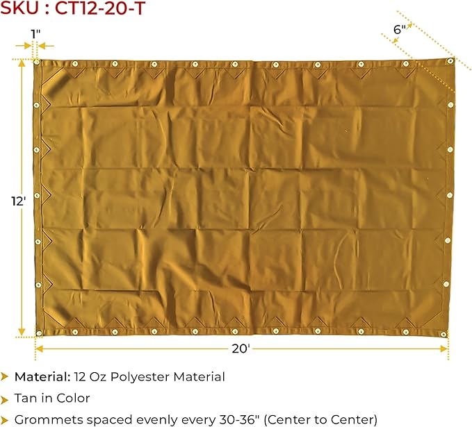 Mytee Products 12' x 20' Tan Canvas Tarp 12oz Heavy Duty Water Resistant