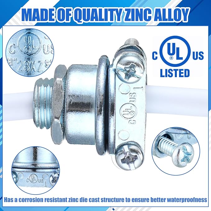 20 Pcs Nm Clamp Type Cable Connectors 1/4 Inch Metal Electrical Box Connectors Wire Clamps for Metallic Conduit Protect Cables Silver, Zinc Alloy