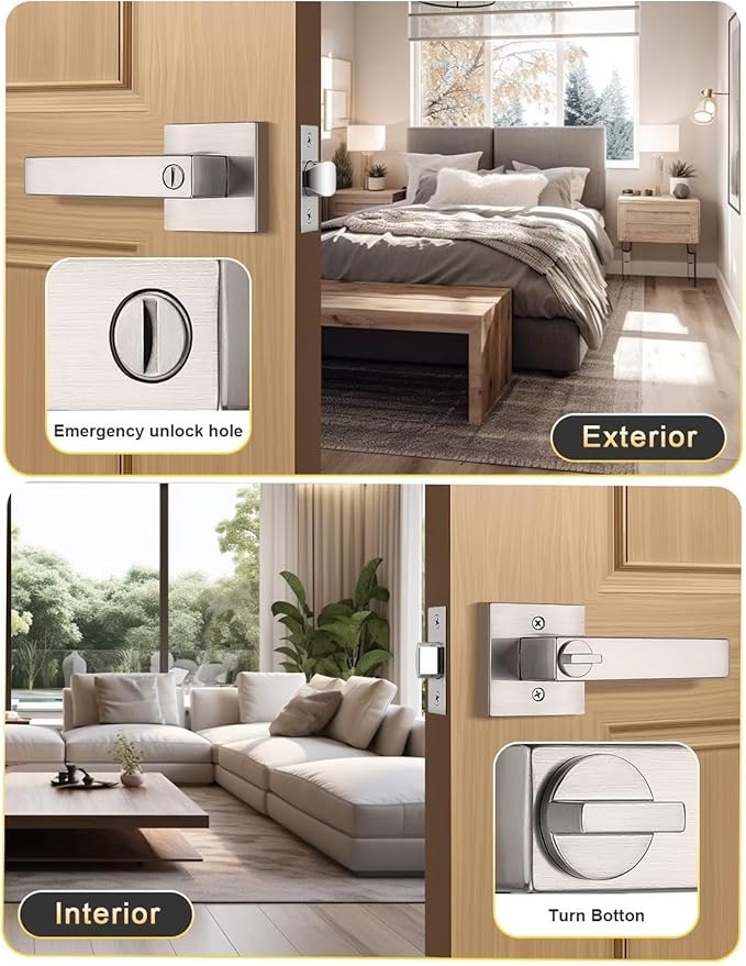 5 Pack Privacy Square Brushed Nickel Door Handles Interior, Keyless Door Knobs for Bedroom/Bathroom, Reversible for Left Right Handed Doors