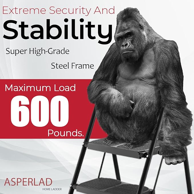 Extra Large & Wide 600lbs Step Ladder 2 Step Folding,Anti-Slip, Heavy Duty, Matte Black