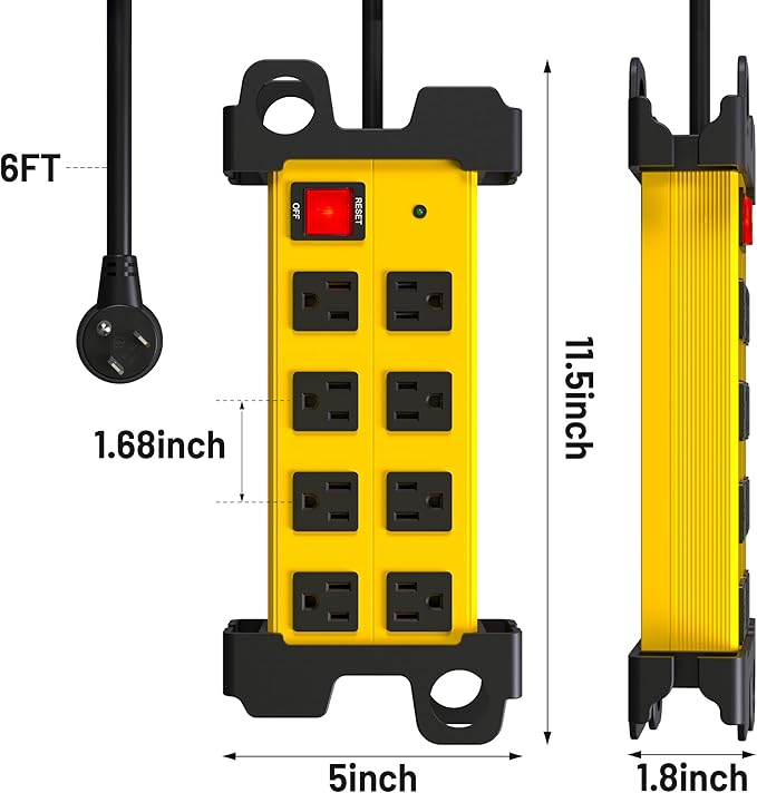 Heavy Duty Power Strip 8 Outlets - Surge Protector 2700J with 6FT Long Extension Cord, Industrial Metal Powerstrip 15Amp, Wall Mount Plug for Garage Workshop Outdoor Home Office, Wide Spaced (6ft)