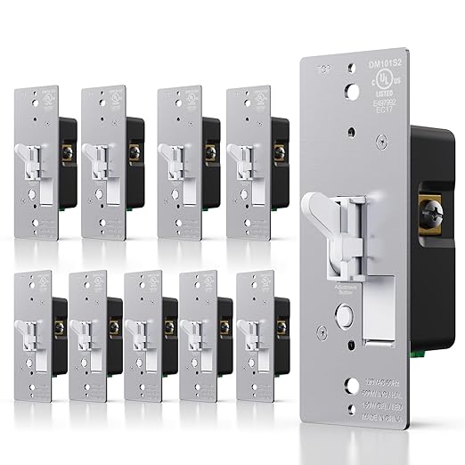 AIDA Toggle Slide Dimmer Switch for Dimmable LED Light/CFL/Incandescent 600 Watt max, Single-Pole or 3-Way, Rocker On/Off Wall Switch with Dimmer Slider, Wall Plate NOT Included, UL, White, 10 Pack