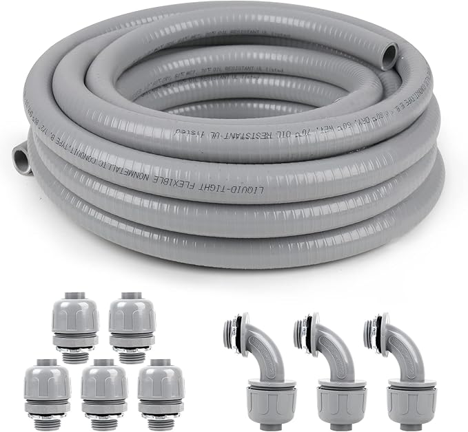 1/2inch 100ft Liquid-Tight Conduit and Connector Kit,Flexible Non-Metallic Liquid Tight Electrical Conduit Kit with 5 Straight and 3 90-Degree Connector Fittings,1/2 in. Dia