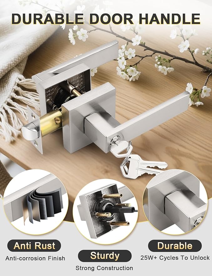 2 Pack Square Entry Door Levers with Lock and Key, Brushed Nickel Entrance Door Handles, for Exterior or Interior Doors, Bedroom, Office, Hotel (Each with 3 Keys)