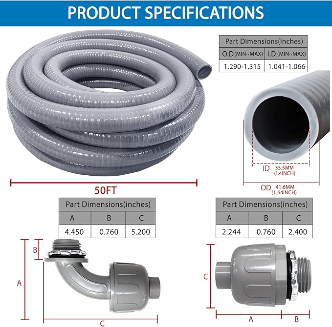1-1/4inch 50FT Electrical Conduit Kit,Liquid-Tight Conduit and Connector Kit with 4 Straight and 2 Angle Fittings Included,Flexible Non Metallic Liquid - Tight Conduit(1-1/4" Dia,50 Feet)