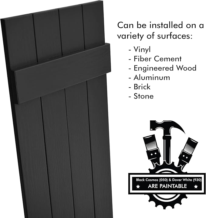 Board & Batten Vinyl Shutters (1 Pair) | 14.5"x75" (4-Board) - Black Cosmos/Paintable | Exterior Window Shutters | Includes Mounting Hardware | Simple Installation | Made in USA