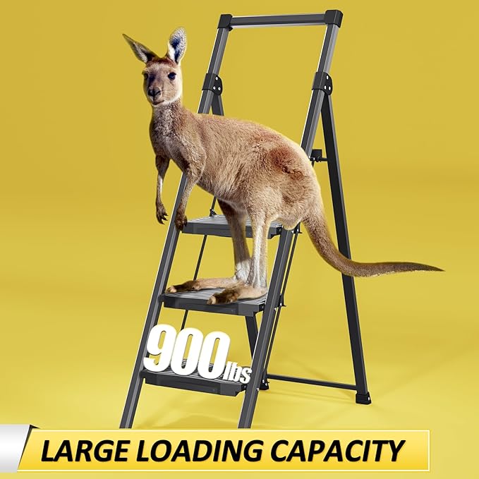 KINGRACK Step Ladder 4 Step Folding, 900lbs 4 Step Ladder with Anti-Slip Wide Pedal and Handrails, Lightwight Household Ladder, Pass 900LBS Testing, for Your Kitchen, Pantry, Closets, Office Use