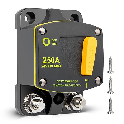 RED WOLF 250A Circuit Breaker Switch Manual Reset DC 12-24V, 5/16"-M8 Stud for Car Audio RV Marine Boat Truck Trolling Motors Stereo Audio Electronic Battery Solar System