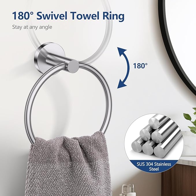 TQKAG Brushed Nickel 5 Piece Bathroom Hardware Accessories Set 23.6" SUS304 Stainless Steel Bathroom Towel Bar Holder Sets Double Post Pivoting Toilet Paper Holder Set Wall Mounted