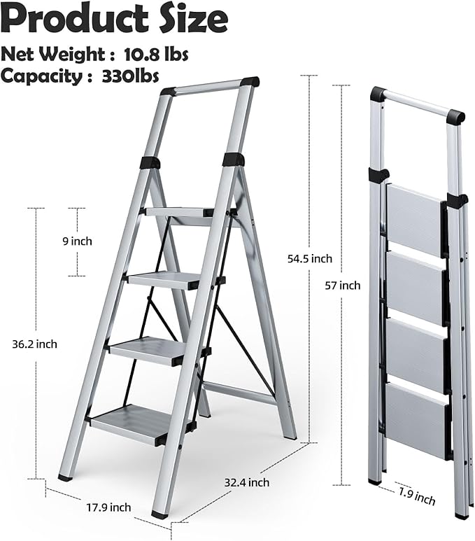 Taranta 4 Step Ladder, Portable Folding Ladder with Wide Pedal, Lightweight Aluminum Step Stool with Convenient Handgrip, 330 lbs Capacity Stepladder for Home, Office - Silver