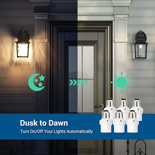 DEWENWILS Light Sensor Socket, E26 E27 Dusk to Dawn Light Bulb Sockets for Light Fixtures, Compatible with Incandescent/CFL/LED/Halogen Bulbs, ETL Listed, 6 Pack, White