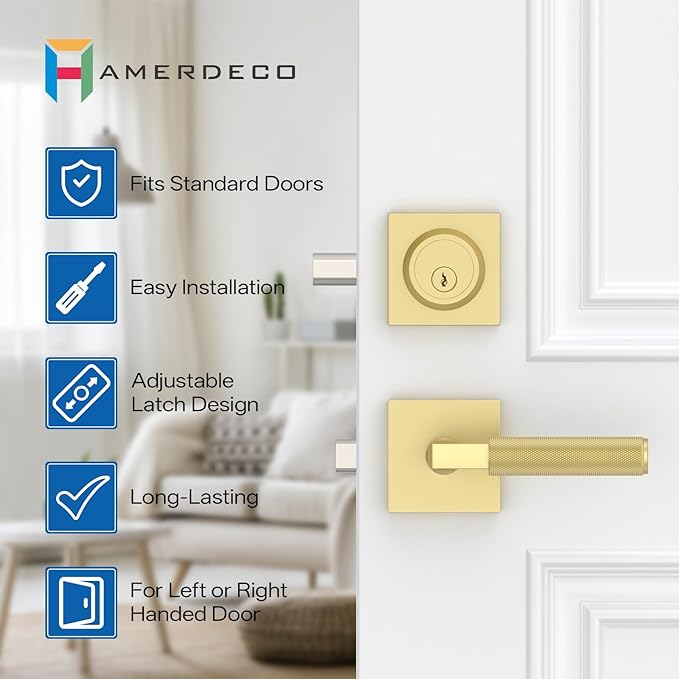 Amerdeco Front Door Lock Set with Double Cylinder Deadbolt, Exterior Entry Door Lever, Heavy Duty Entry Door Locksets for Left or Right Hand Exterior Door(Brushed Gold 2 Pack)