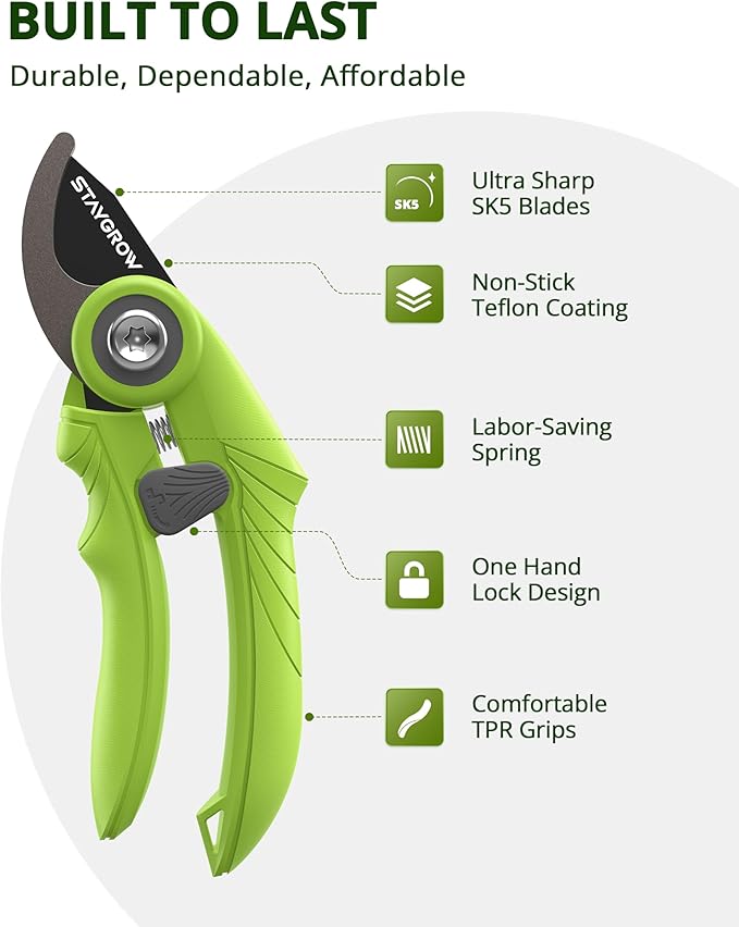 Garden Shears - 6.9" Pruning Shears for Gardening with SK5 Stainless Steel Sharp Blades, Tree Trimmer Garden Scissors with Comfort Handle and Safety Lock, Gardening Hand Tools - Green