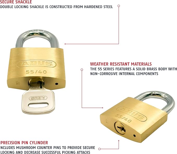 ABUS 55/40 Solid Brass Padlock with 2 Keys for School, Gym, Cabinet 1 1/2in (40mm) Wide, Keyed Alike (Keyed Different, 1)