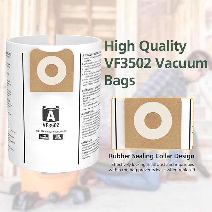 15 Pack 23743 VF3502 Vacuum Bags Compatible with Ridgid 12 to 16 Gallon Wet Dry Vacuums, High Efficiency Replacement Filter Bags for Model WD1950 WD1956 WD1850 WD1851 RV2400HF WD1450 WD1680 WD1270