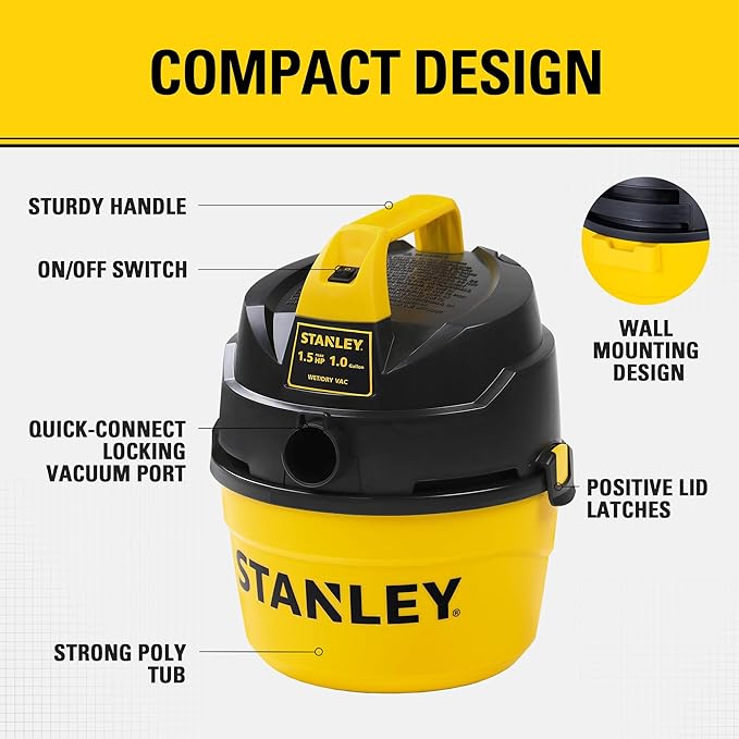 STANLEY Shop Vacuum Wet and Dry, 1 Gallon 1.5 Peak HP Small Wet Dry Vac with 60CFM Powerful Suction, Portable Wall Mount Vacuum Cleaners for Home, Car, Garage and DIY Workshop, SL18101P-1H