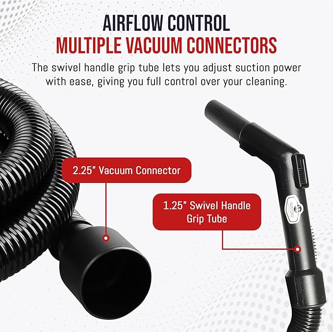 MP Maresh Products Vacuum Cleaner Replacement Hose - Vacuum Hose Extension for Wet Dry Vacuums, Heavy Duty Crushproof Industrial Grade 15 Foot Hose by 1-1/4 Inch Air Suction Control Connector - Black