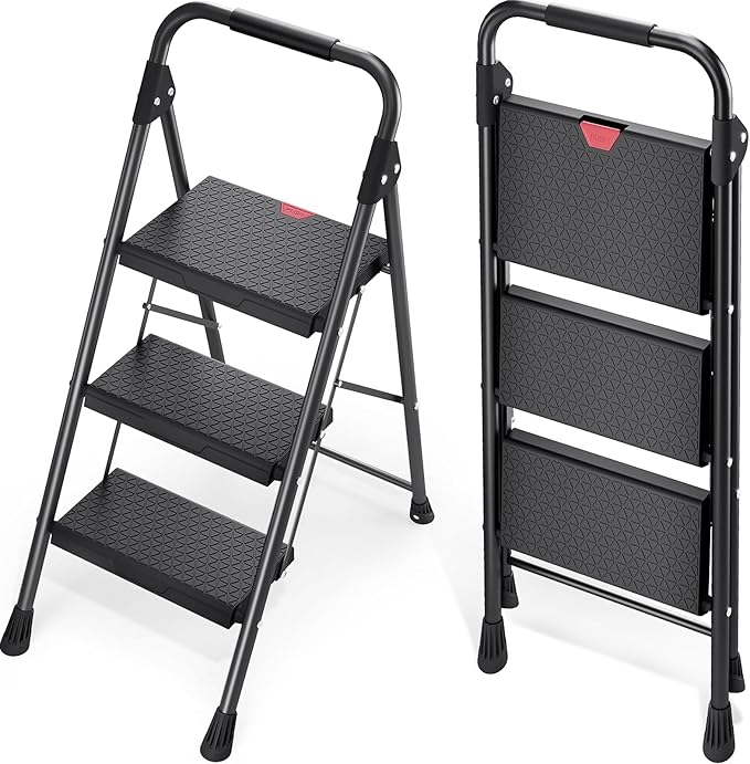 KINGRACK 3 Step Ladder, Sturdy Step Stool with Handrail, Wide Anti-Slip Pedals, 800lbs Max Load Capacity, Folding Step Stool for Home, Kitchen, Black