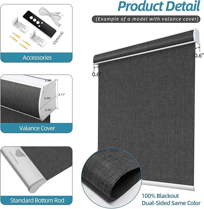 SmartWings Motorized Smart Blinds with Remote, Automatic Blackout Roller Shade Work with Alexa Homekit Thread Google Z-Wave, Electric Blind for Window, Custom Width Up to 110" W,Bouvardia Dark Grey