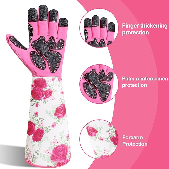 DLY Gardening Gloves for Women, Rose Gloves Gardening Thorn Proof, Long Garden Gloves for Women, Breathable & Durable Leather Gauntlet(Medium, Rose Red)
