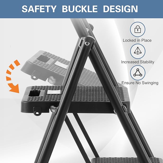 Nazhura Foldable 3 Step Stool Ladder, 300 Lb Weight Limit Folding 3 Stepping Ladder for Kitchen, with Wide Anti-Slip Pedal, Sturdy Steel Ladder, Convenient Handrail, Lightweight