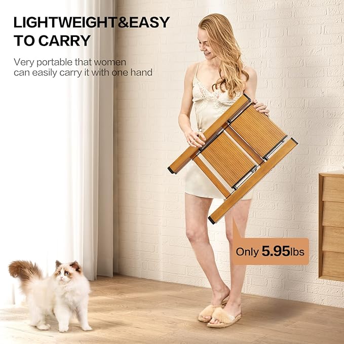 GameGem 2 Step Ladder, Aluminum Folding Step Stool with Anti-Slip Sturdy and Wide Pedal, Lightweight Portable Multi-Use Stepladder for Home and Kitchen Use Space Saving, Woodgrain, 330 lbs